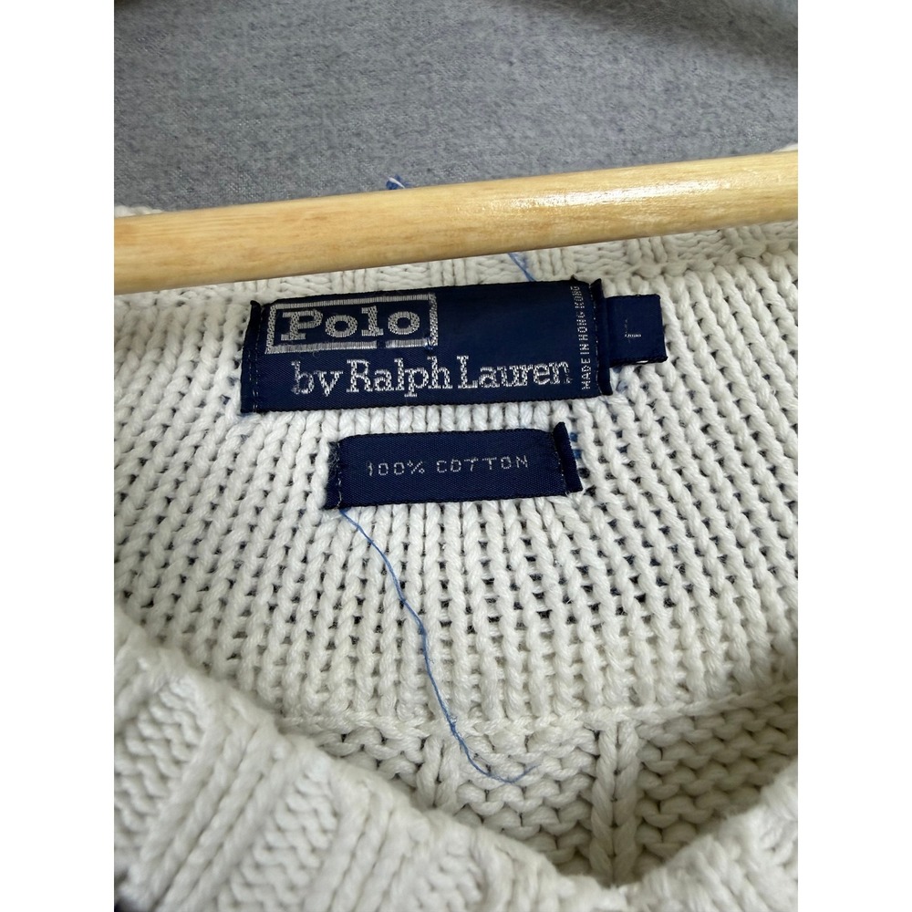 Polo Ralph Lauren Cricket Sweater Mens Large White Cable Knit Blue Stripe V-Neck - Picture 3 of 8